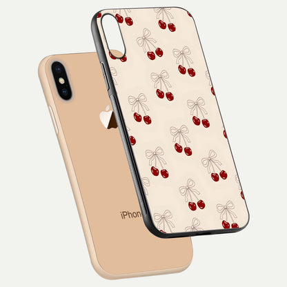 Cute Cherry Pattern Glass Case for iPhone Xs Max floating mockup showing HD gloss shine and clear tones