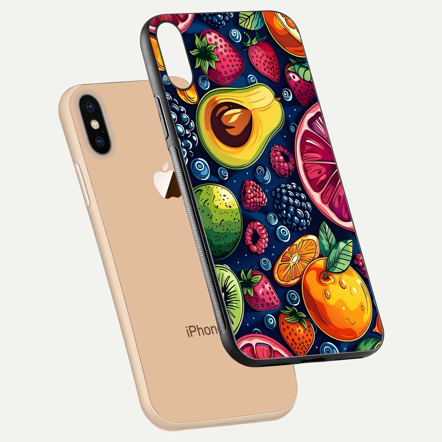 Cute Fruits Art Glass Case for iPhone Xs Max floating mockup showing gloss brightness and vivid artwork