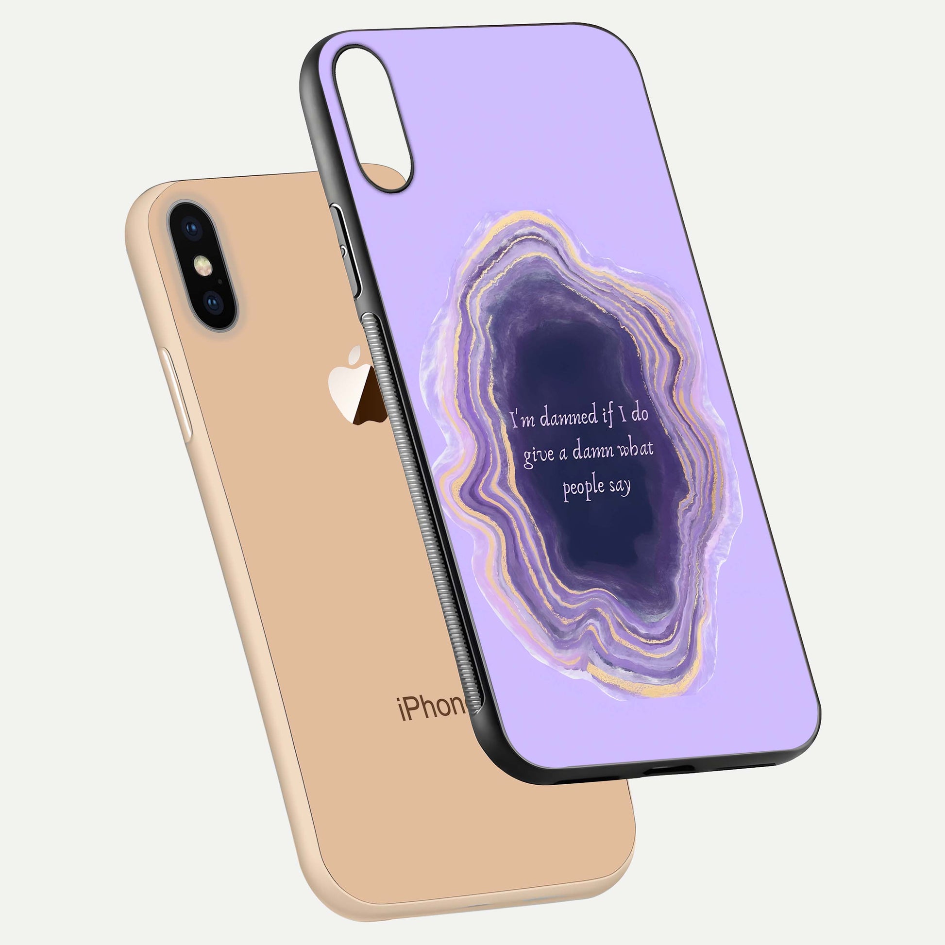 Damned People Quote Glass Case for iPhone Xs Max floating mockup showing gloss reflection and text balance