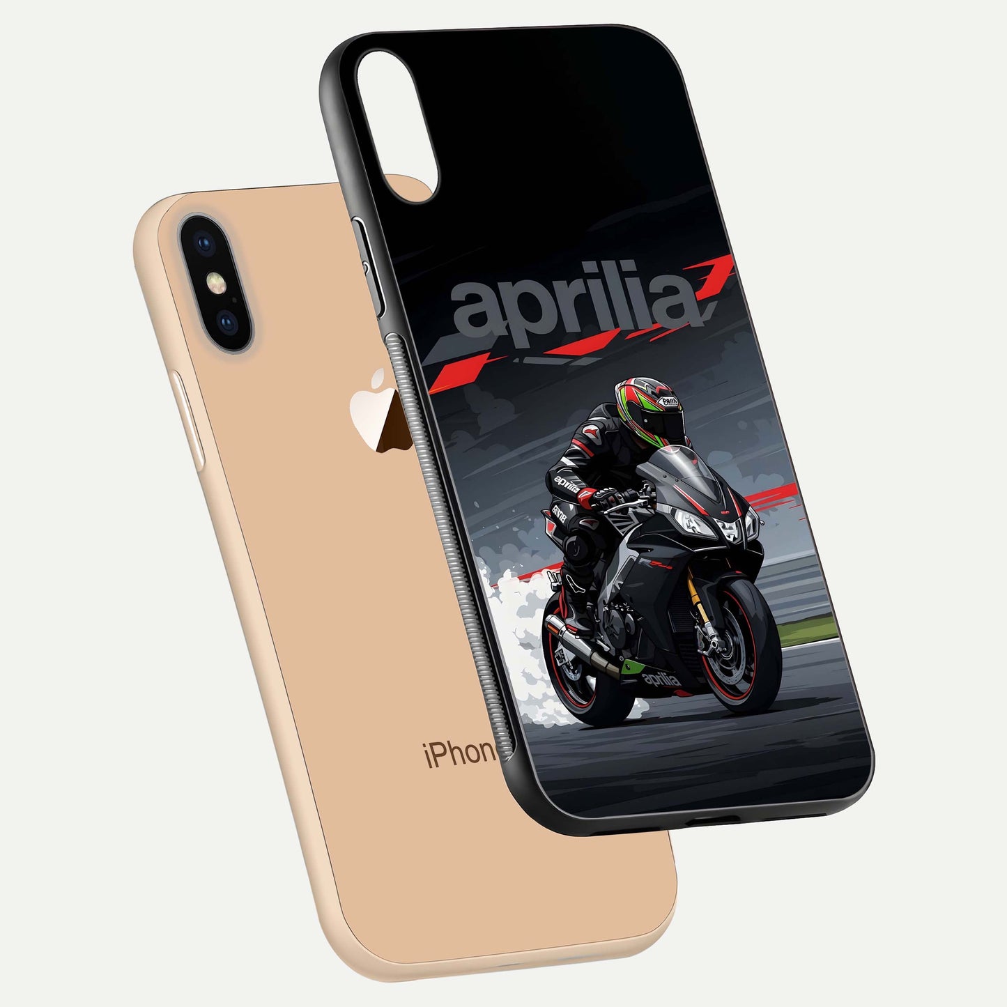 Dark Aprilla Glass Case for iPhone Xs Max floating mockup showing glossy contrast and texture clarity