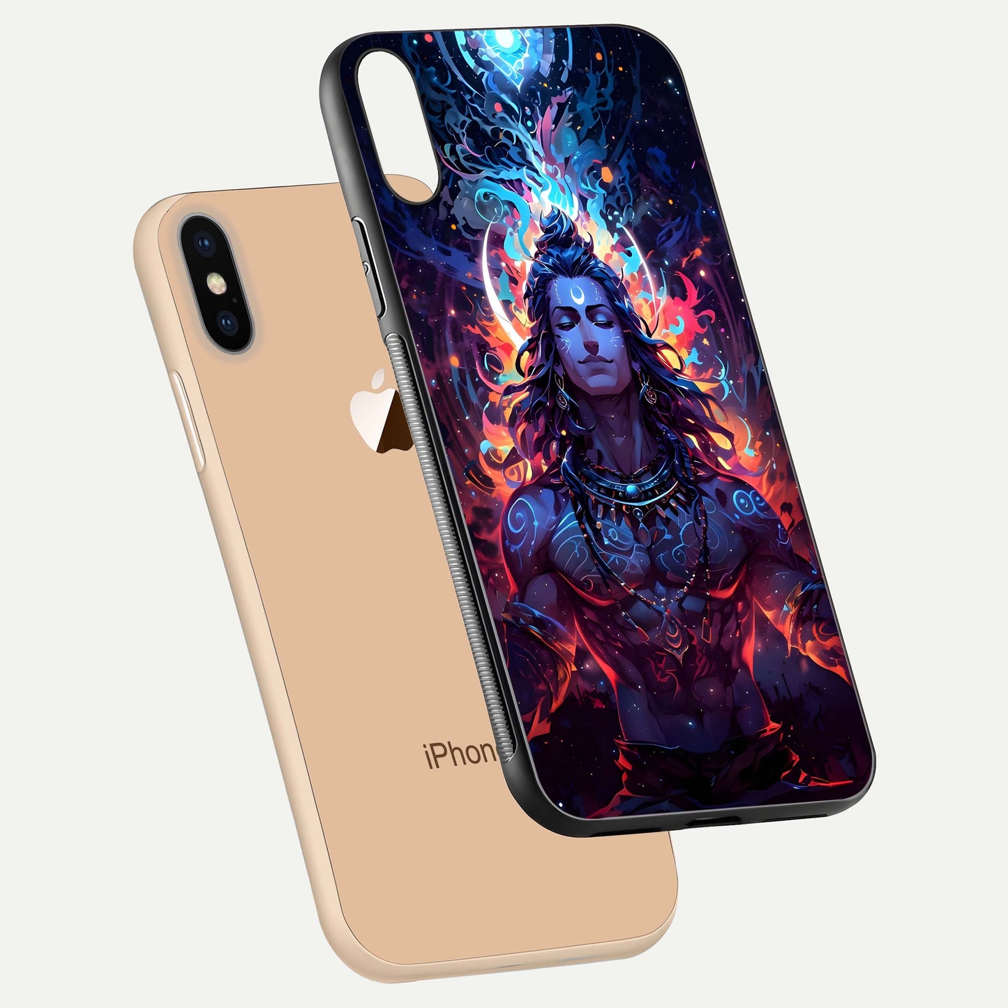 Divine Fire Shiv Glass Case for iPhone Xs Max floating mockup showing glow texture and gloss finish