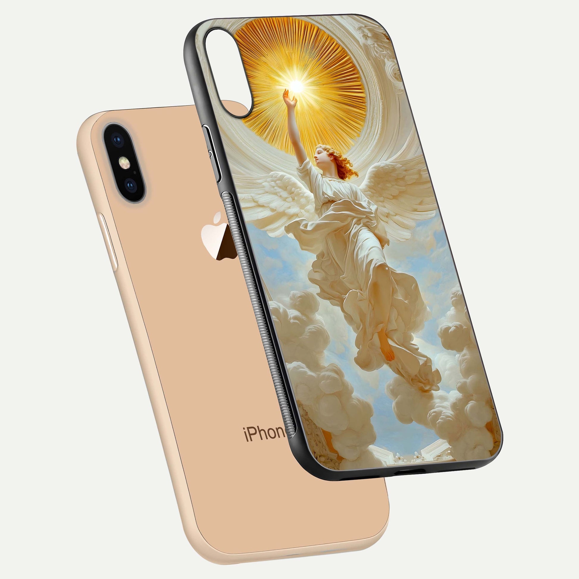 Divine Light Angel Glass Case for iPhone Xs Max floating mockup showing gloss texture and radiant light