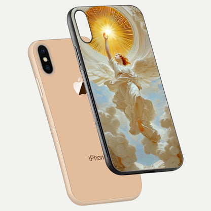 Divine Light Angel Glass Case for iPhone Xs Max floating mockup showing gloss texture and radiant light