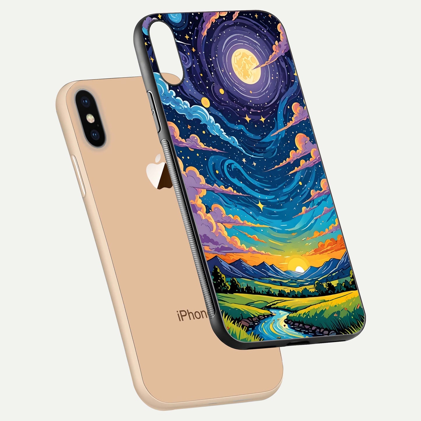 Dreamy Night Landscape Glass Case for iPhone Xs Max floating mockup showing glossy depth and serene color