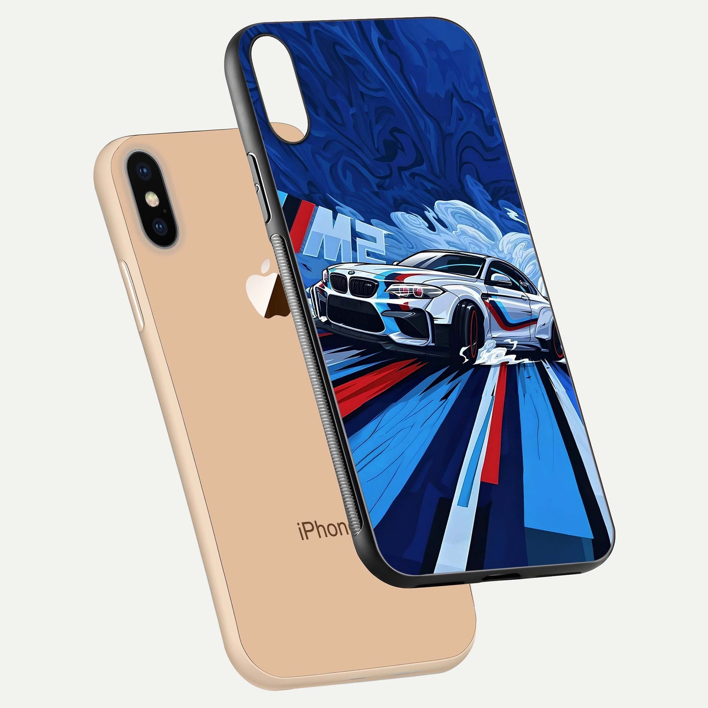 Drift Power Rush Glass Case for iPhone Xs Max floating mockup showing gloss polish and speed-theme design