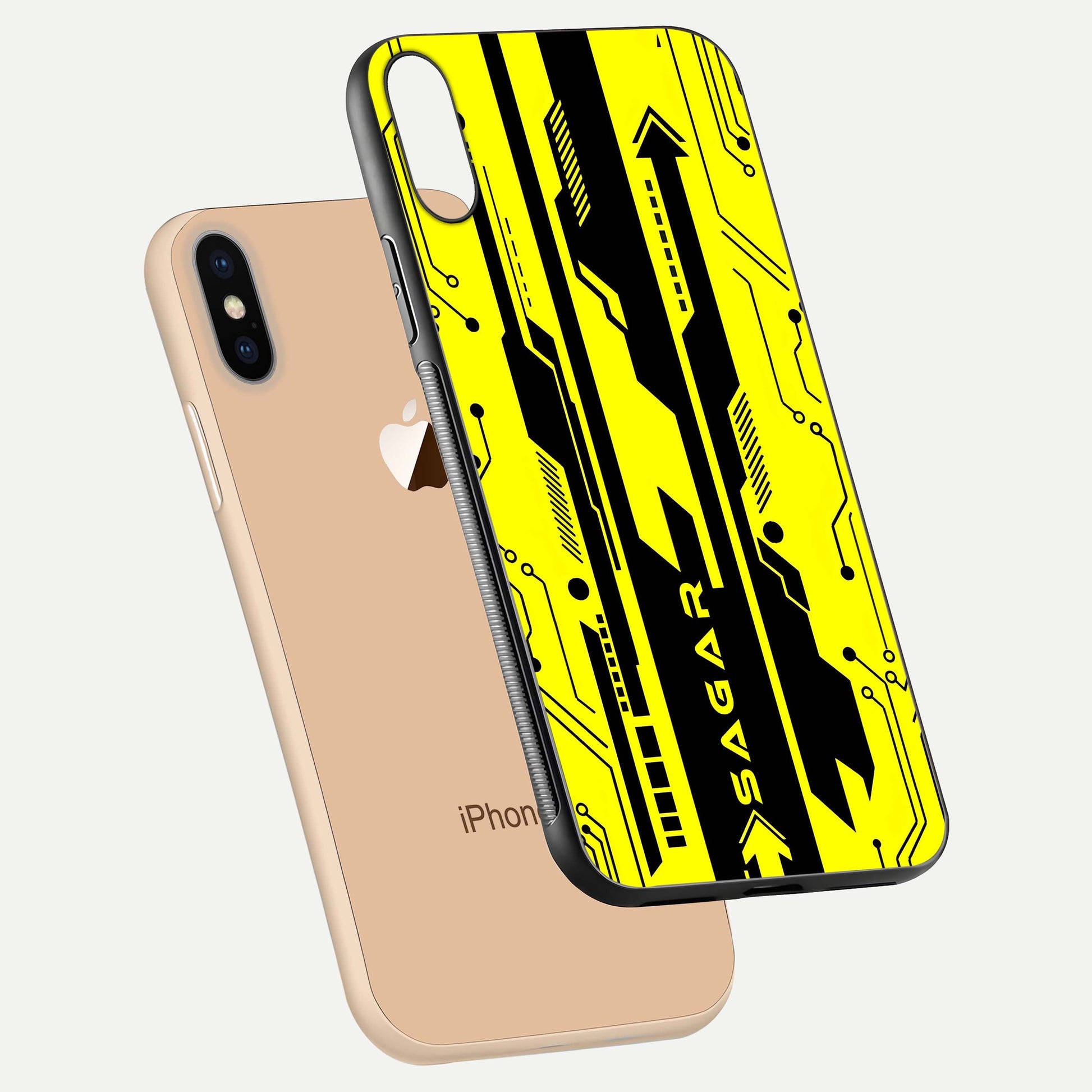 Electric Pulse CYBERPUNK Custom Name Glass Case for iPhone Xs Max floating mockup showing HD gloss and vibrant cyberpunk glow