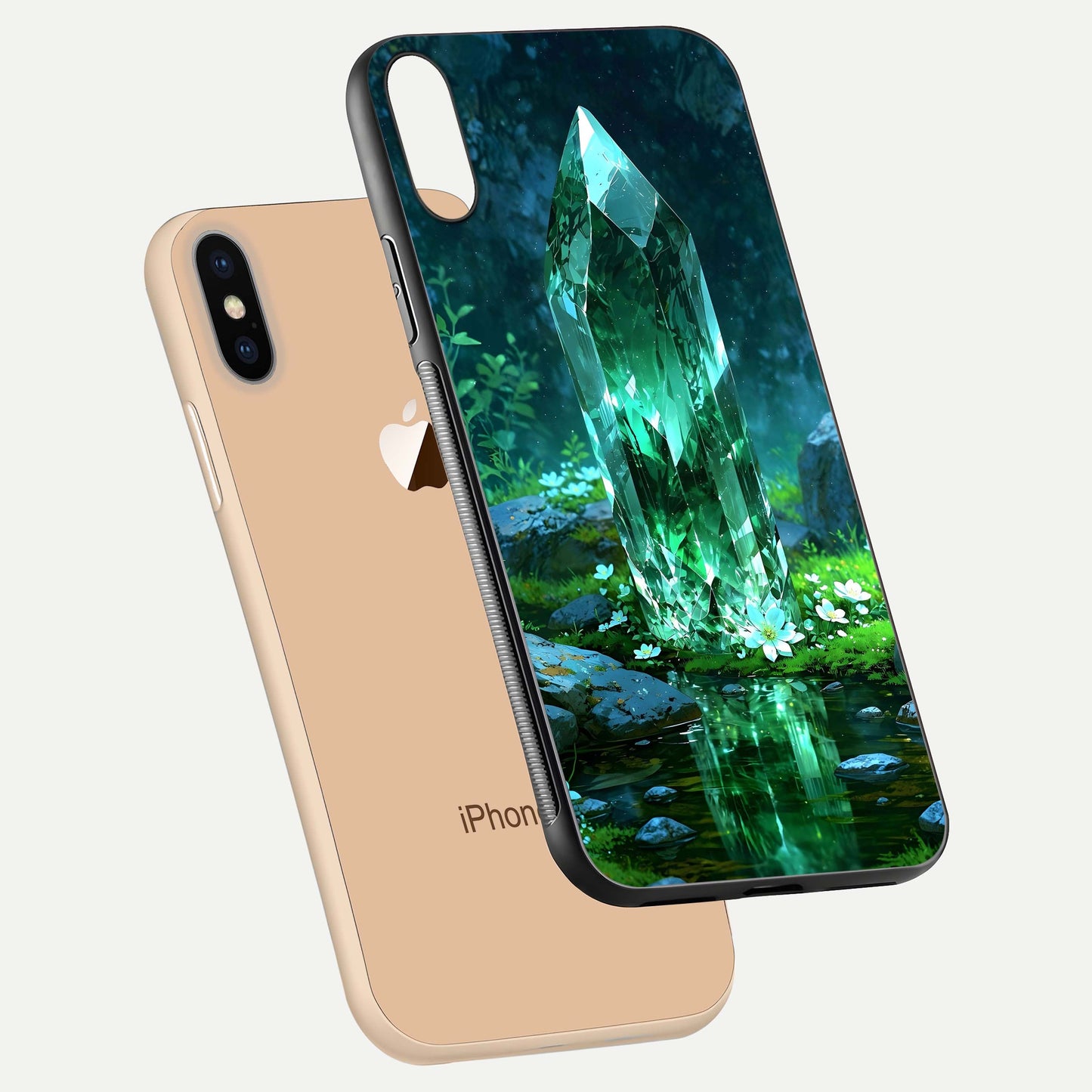Emerald Light Crystal Glass Case for iPhone Xs Max floating mockup showing glossy finish and radiant light pattern
