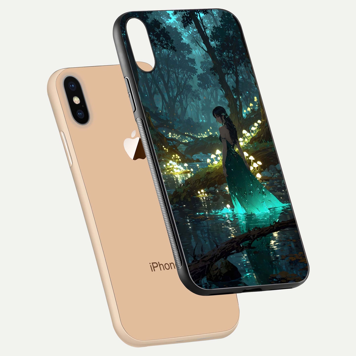 Enchanted Forest Glow Glass Case for iPhone Xs Max floating mockup showing gloss polish and fantasy vibe