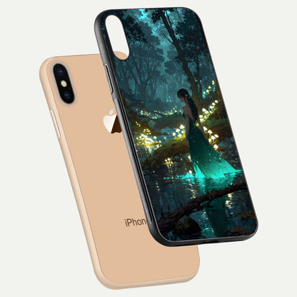 Enchanted Forest Glow Glass Case for iPhone Xs Max floating mockup showing gloss polish and fantasy vibe