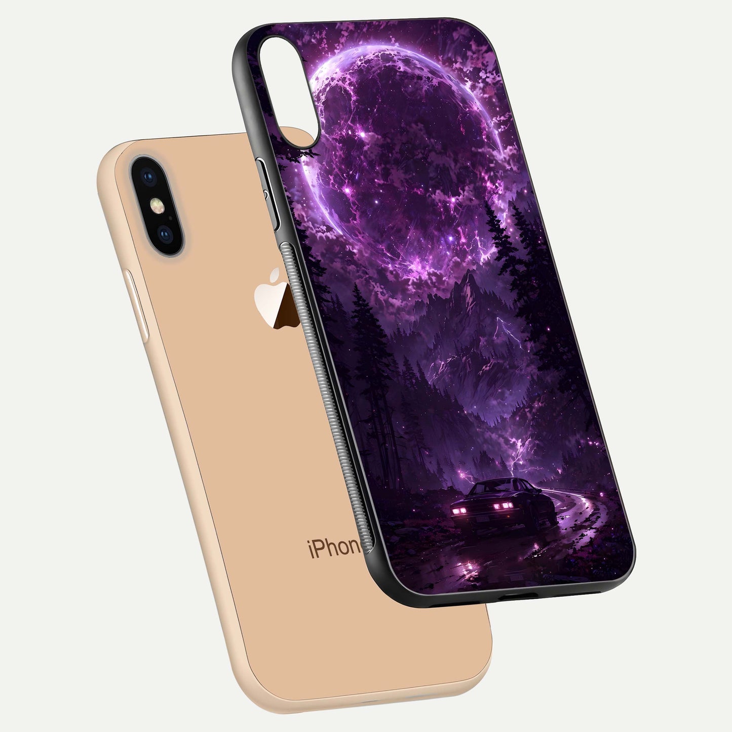 Eternal Cosmic Drive Glass Case for iPhone Xs Max floating mockup showing glossy polish and vivid glow