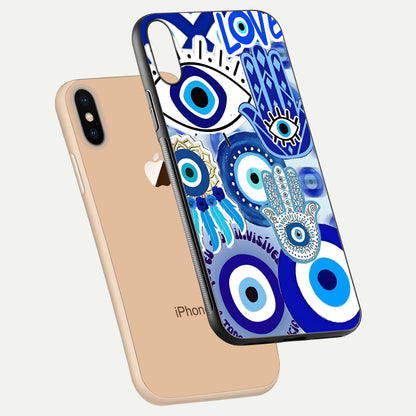 Evil Eyes Dream Glass Case for iPhone Xs Max floating mockup showing glossy shine and elegant pattern clarity