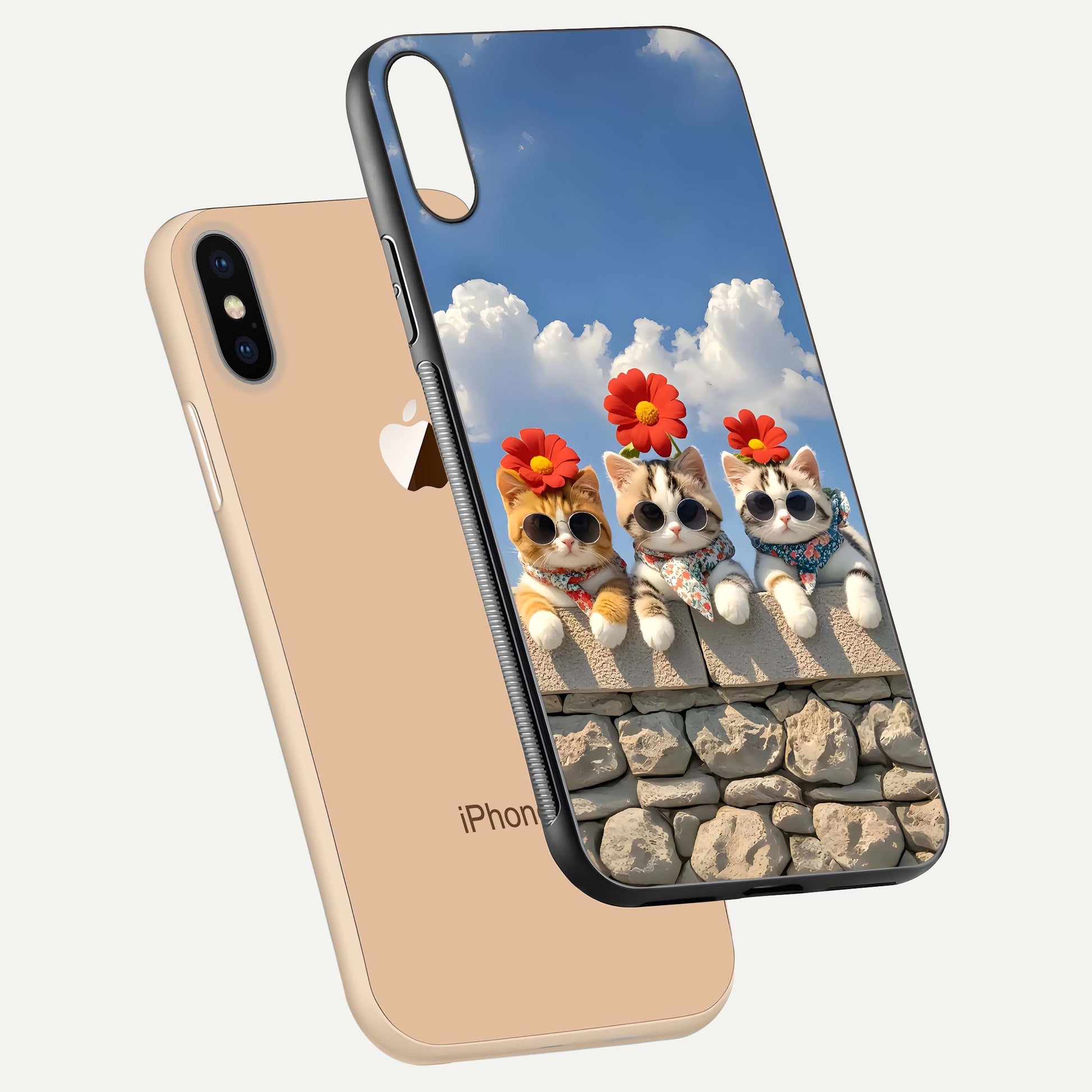 Floral Kitty Squad Glass Case for iPhone Xs Max floating mockup showing gloss texture and playful charm