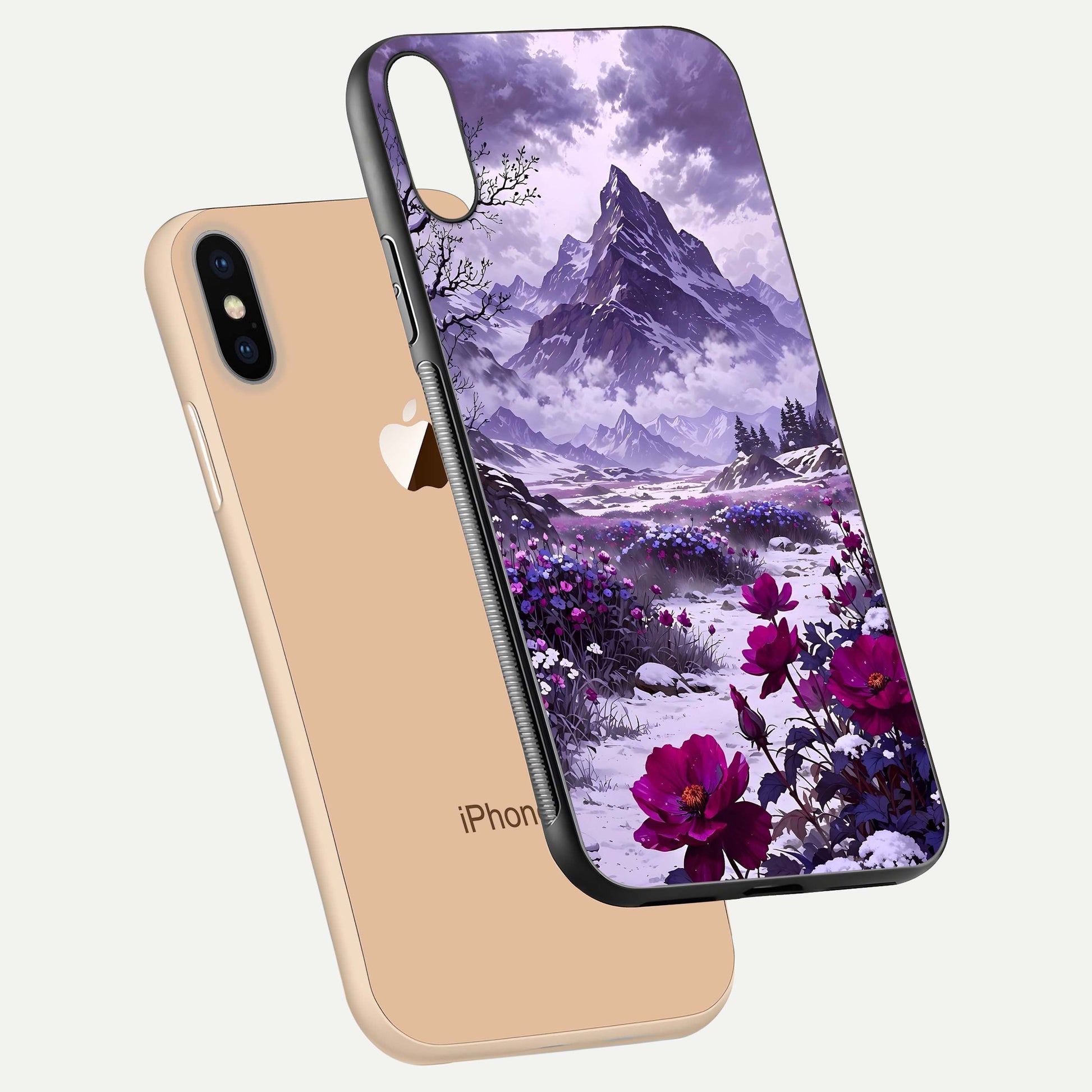 Flower Mountain View Glass Case for iPhone Xs Max floating mockup showing reflection glow and artistic clarity