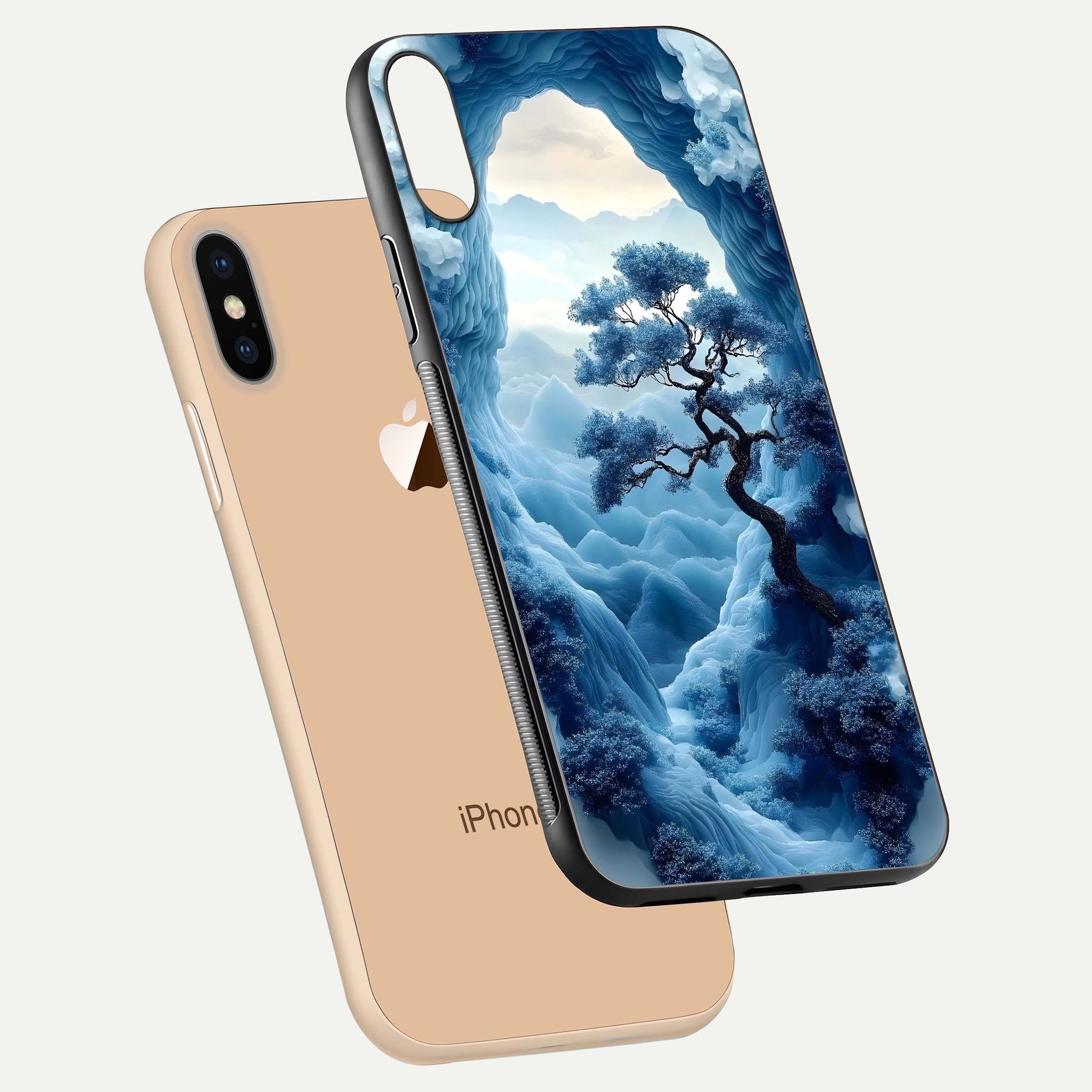 Frozen Serenity Gate Glass Case for iPhone Xs Max floating mockup showing glossy depth and crystal glow