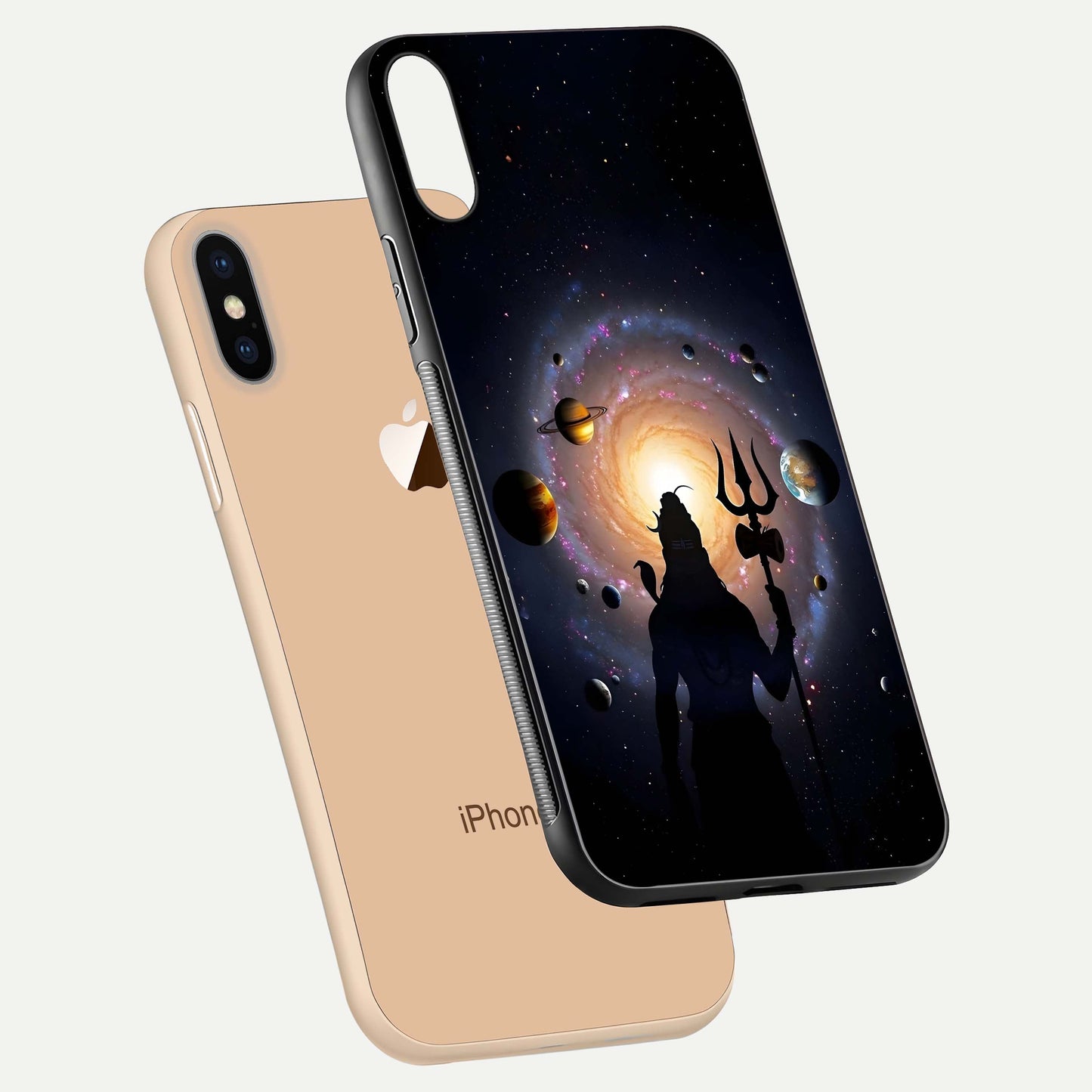 Galactic Shiva Vision Glass Case for iPhone Xs Max floating dual-view mockup displaying vibrant cosmic colors and smooth gloss texture