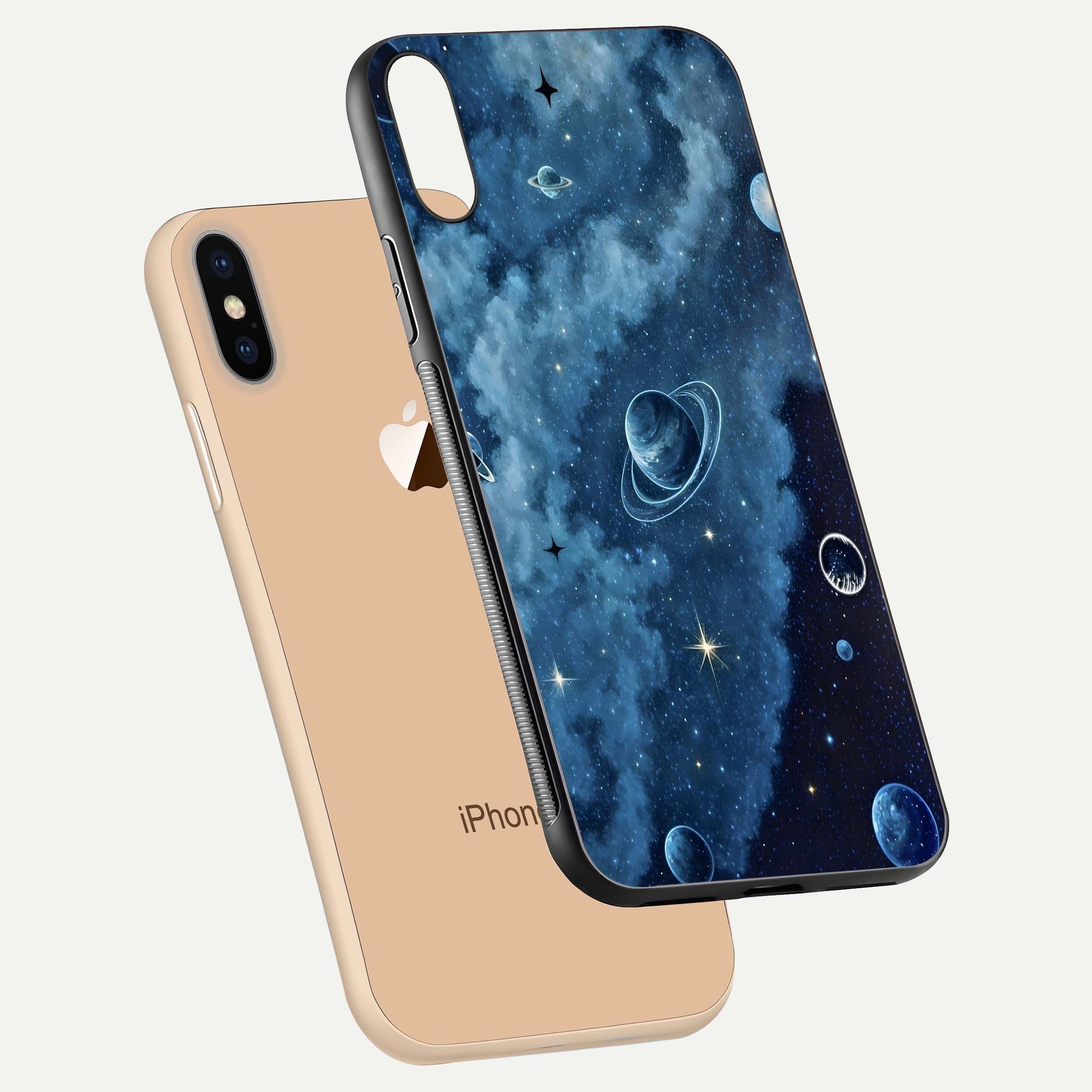 Galaxy Dream Space Glass Case for iPhone Xs Max floating dual-view mockup showing glossy finish and celestial depth