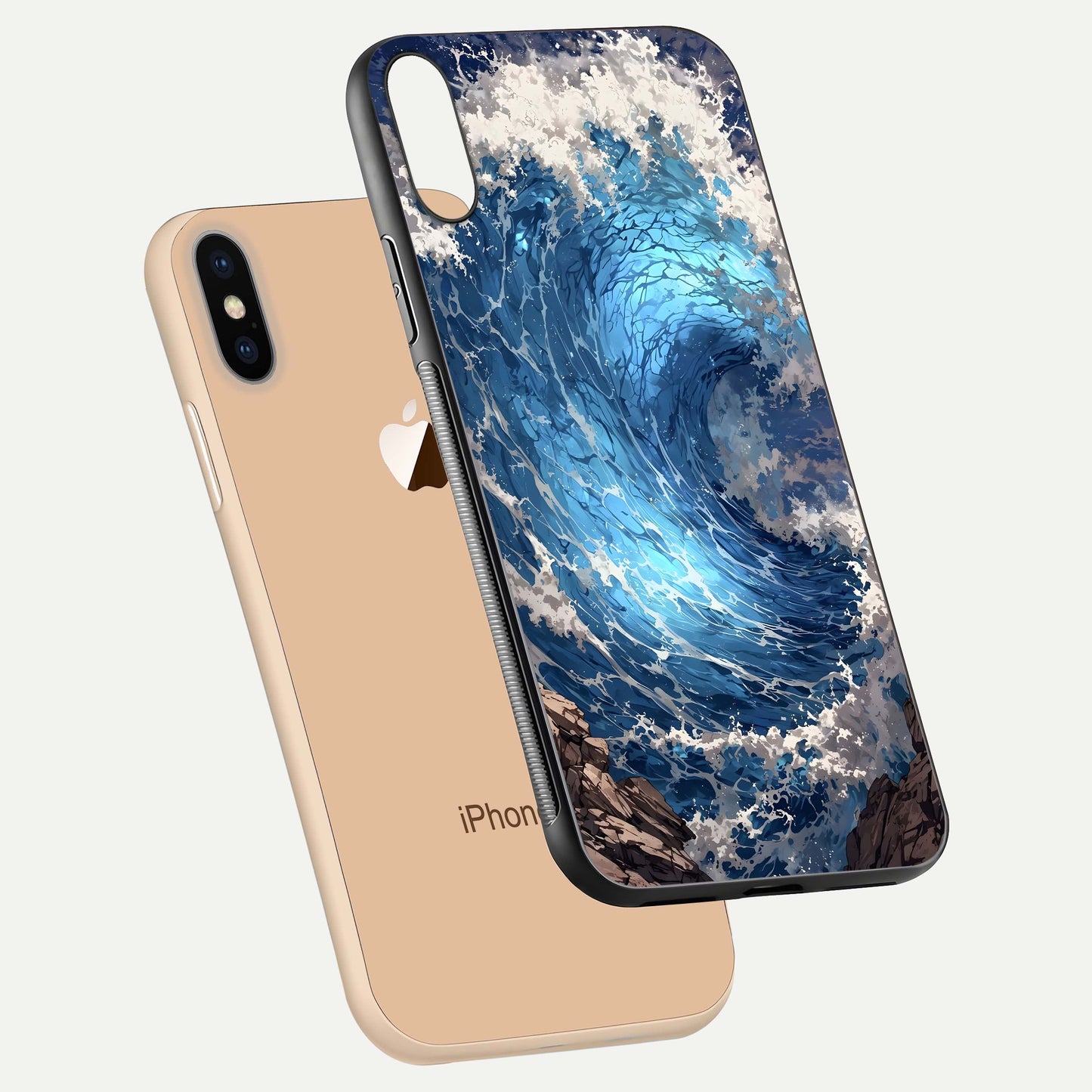 Giant Ocean Wave Glass Case for iPhone Xs Max floating dual-view mockup showing glossy depth and aquatic blue gradient