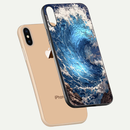 Giant Ocean Wave Glass Case for iPhone Xs Max floating dual-view mockup showing glossy depth and aquatic blue gradient