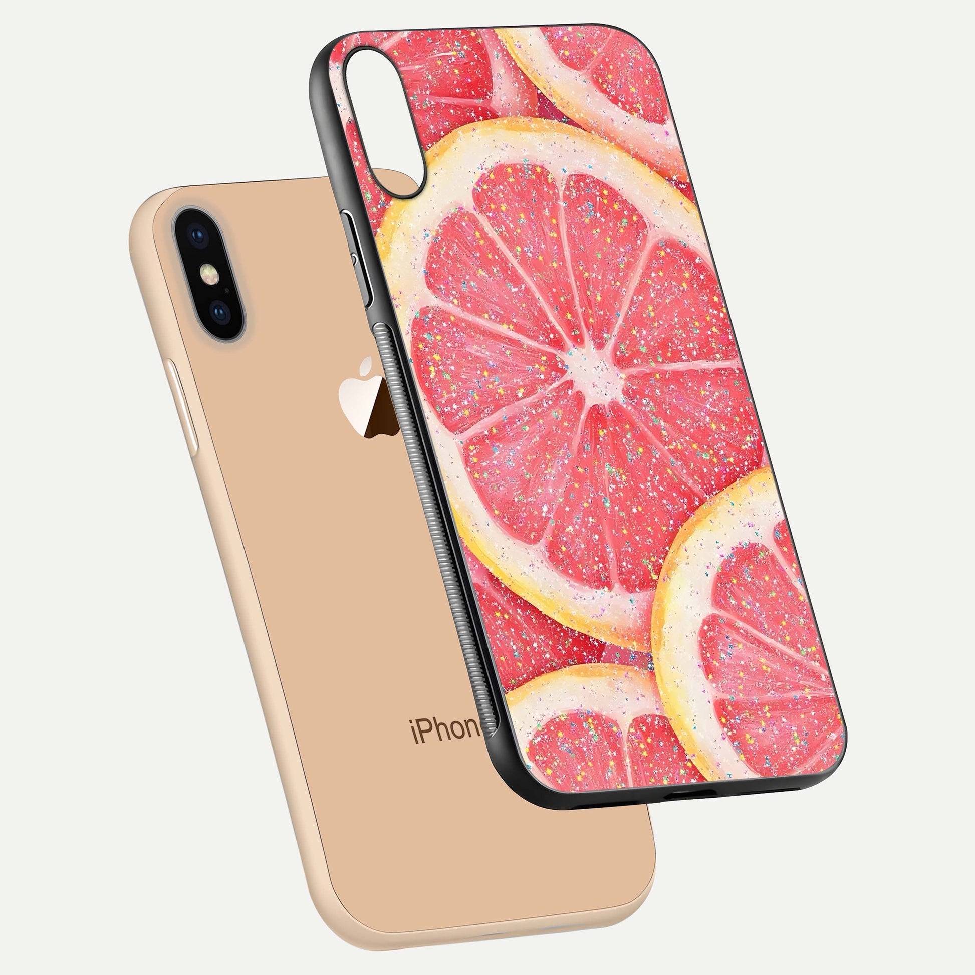 Glitter Grapefruit Glass Case for iPhone Xs Max floating dual-view mockup showing HD gloss and fresh color detail