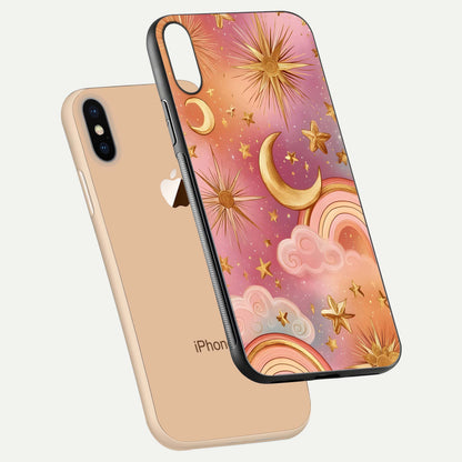 Golden Celestial Dreams Glass Case for iPhone Xs Max floating dual-view mockup showing gloss surface and dream-like glow