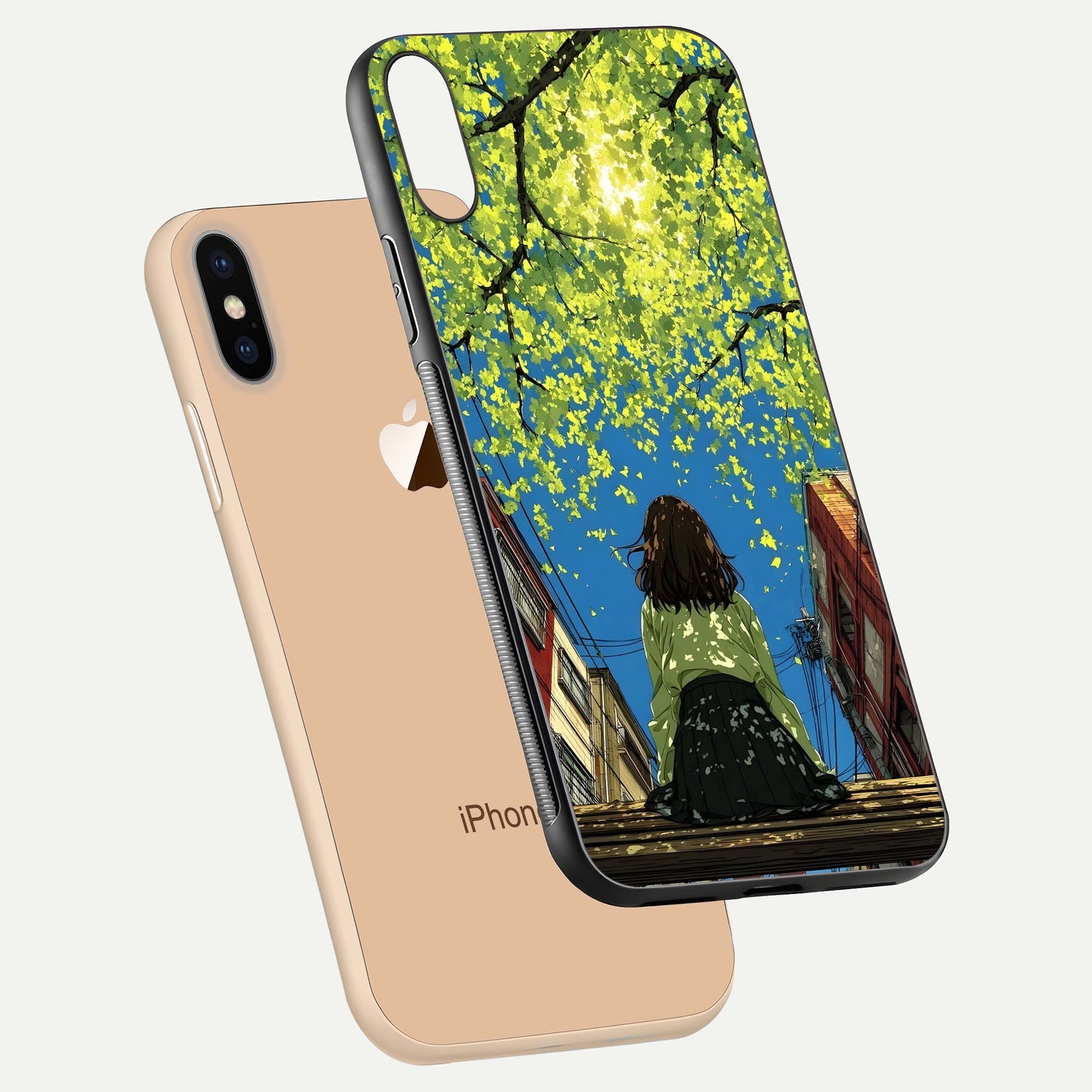 Golden Leaves Glow Glass Case for iPhone Xs Max floating dual-view mockup showing gloss depth and gold-leaf detail