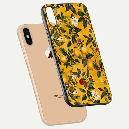 Golden Lemon Field Glass Case for iPhone Xs Max floating dual-view mockup showing gloss shine and yellow-gold palette