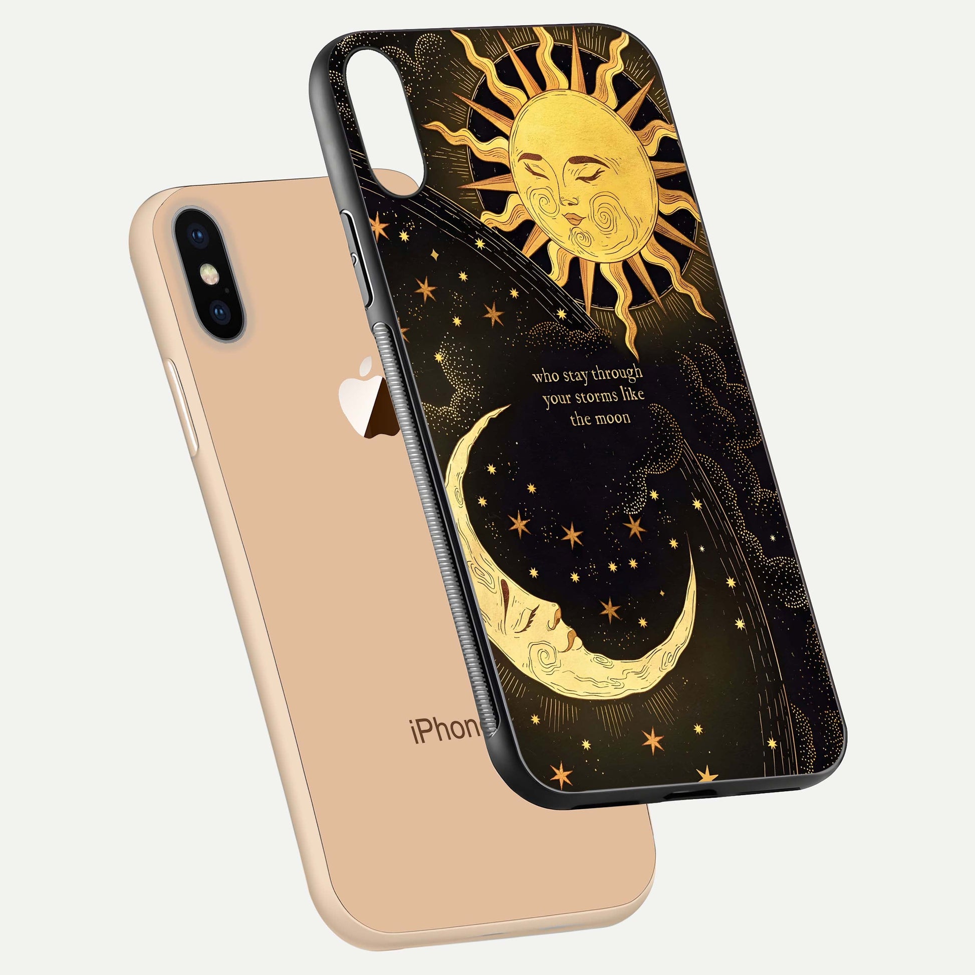 Golden Lunar Love Glass Case for iPhone Xs Max floating dual-view mockup showing glossy glow and romantic theme