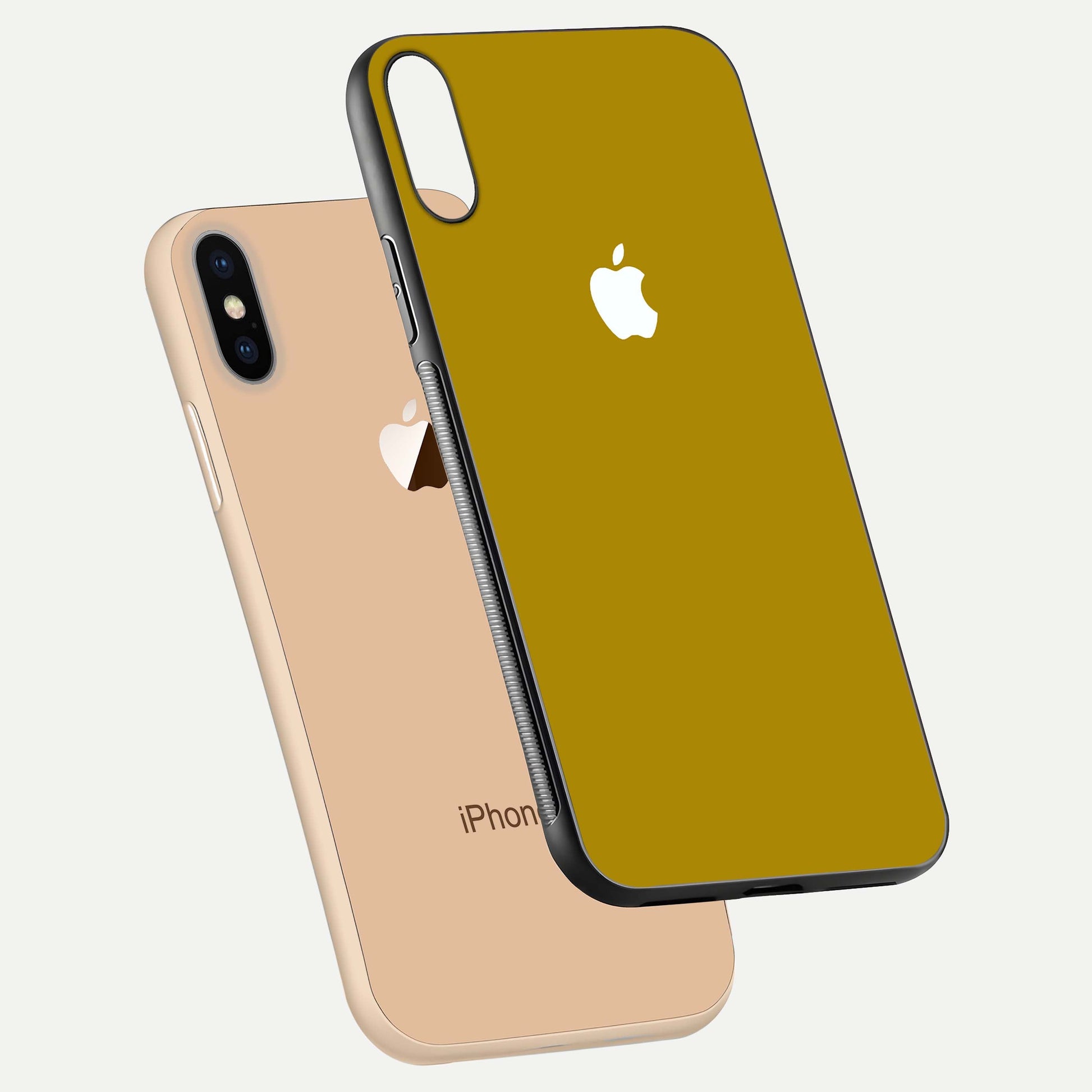 Golden Luxe Aura Glass Case for iPhone Xs Max floating dual-view mockup showing glossy texture and elegant gold gradient