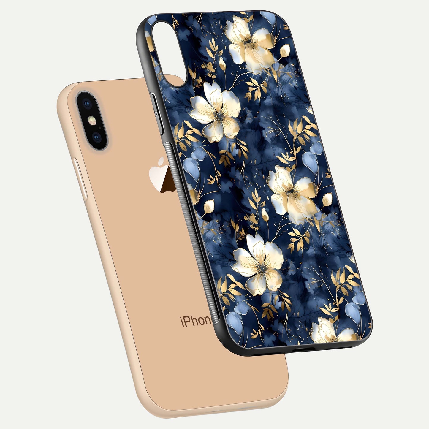 Golden Midnight Bloom Glass Case for iPhone Xs Max floating dual-view mockup showing gloss polish and metallic reflection