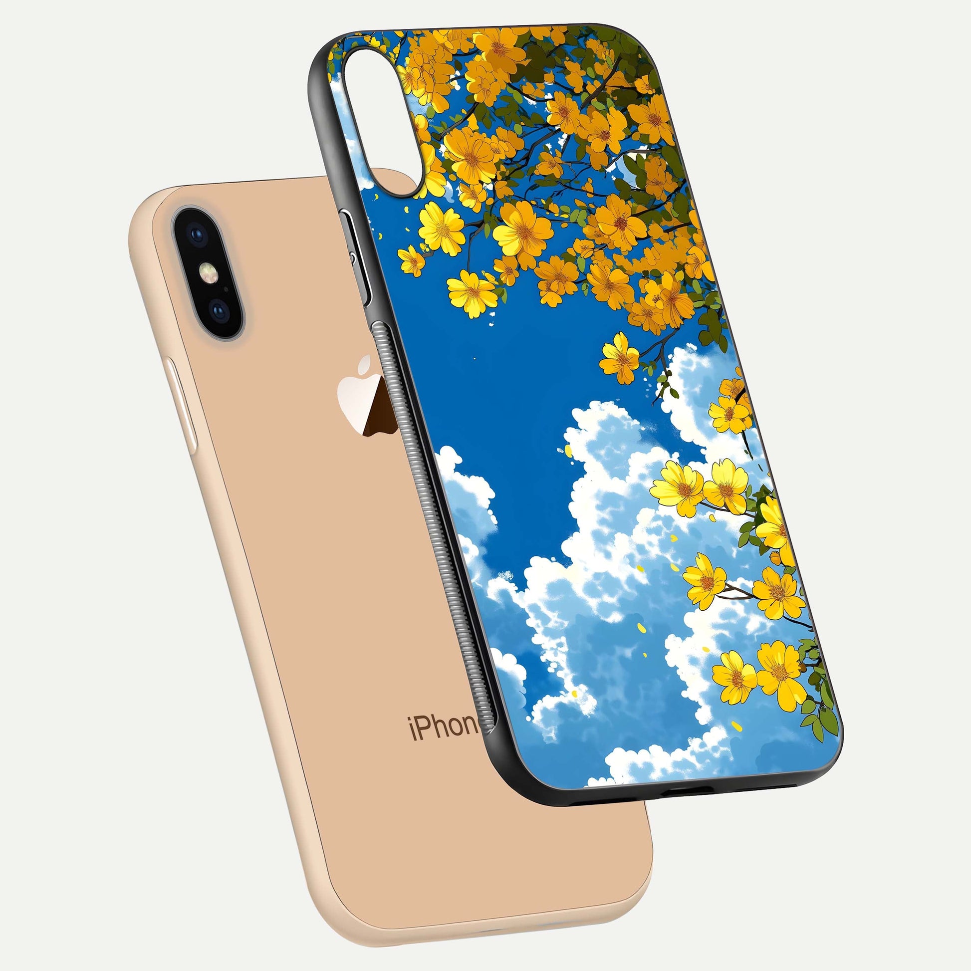 Golden Petal Sky Glass Case for iPhone Xs Max floating dual-view mockup showing gloss brilliance and gold detail