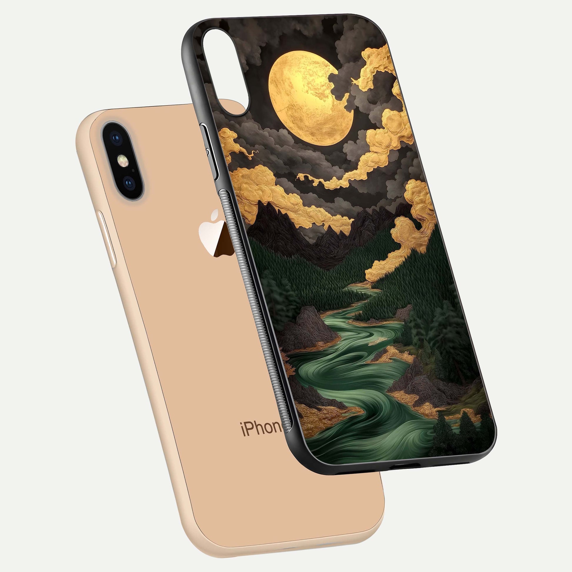 Golden River Moon Glass Case for iPhone Xs Max floating dual-view mockup showing gloss surface and luxury tone