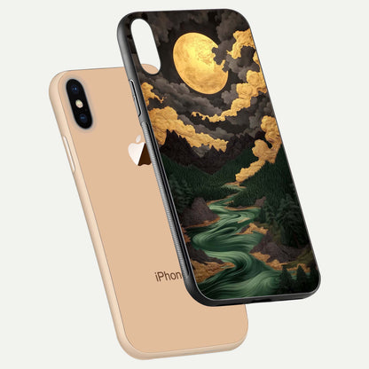 Golden River Moon Glass Case for iPhone Xs Max floating dual-view mockup showing gloss surface and luxury tone