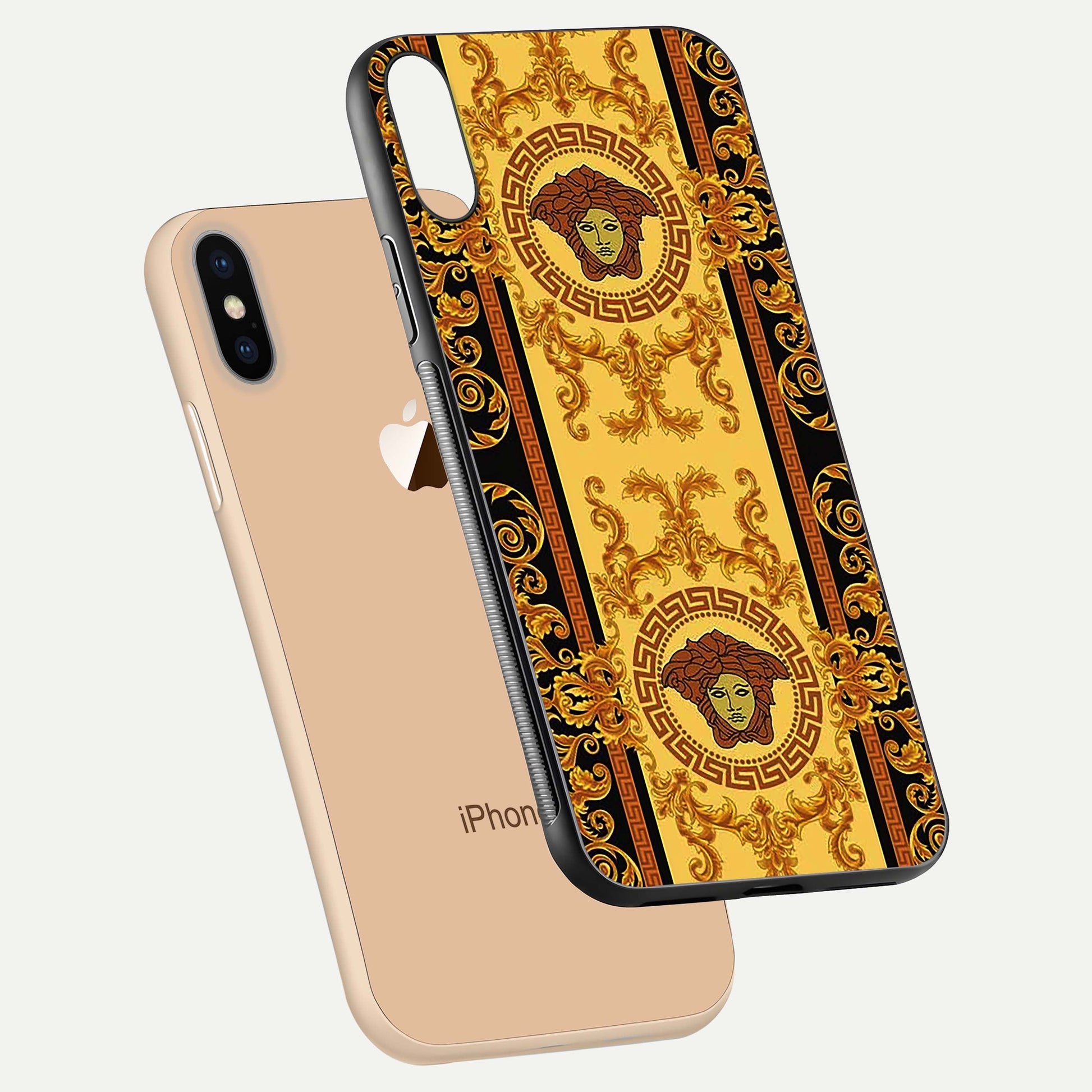 Golden Royal Heritage Glass Case for iPhone Xs Max floating dual-view mockup showing glossy surface and rich regal tone