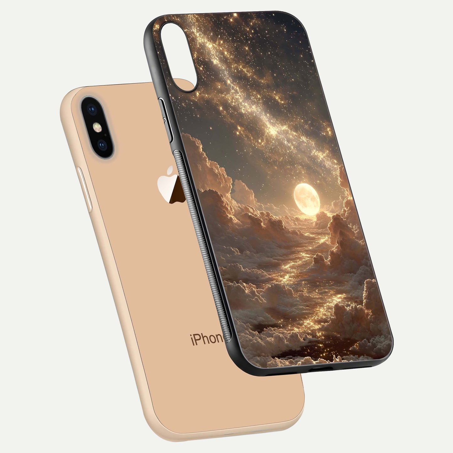 Golden Sky Dream Glass Case for iPhone Xs Max floating dual-view mockup showing gloss depth and elegant finish