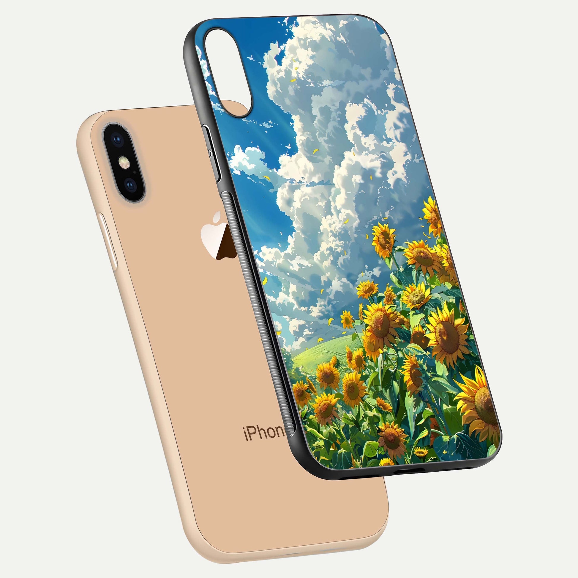 Golden Sun Glory Glass Case for iPhone Xs Max floating dual-view mockup showing gloss shine and premium surface