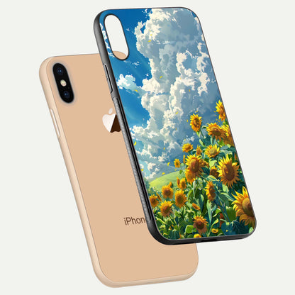Golden Sun Glory Glass Case for iPhone Xs Max floating dual-view mockup showing gloss shine and premium surface