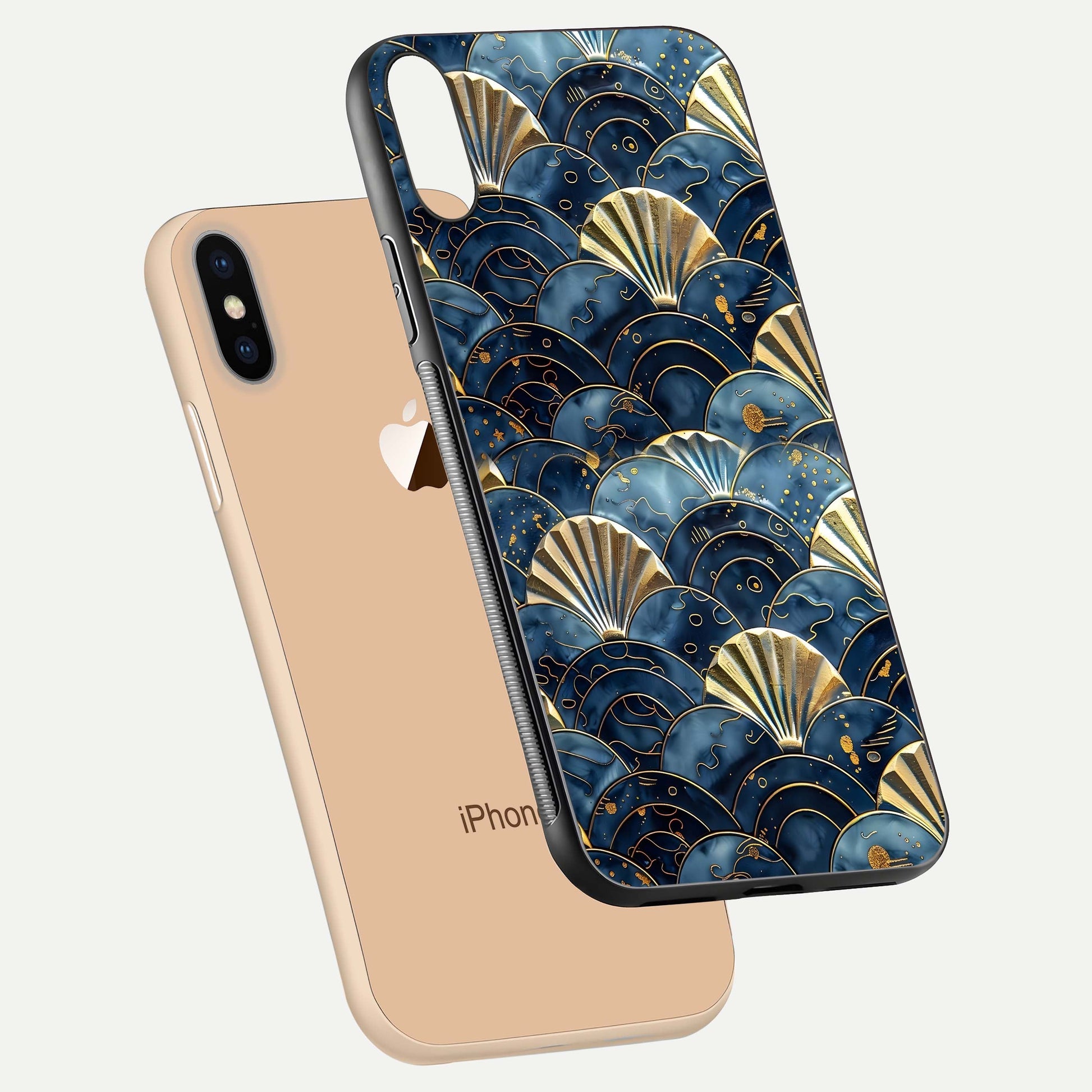 Golden Wave Luxe Glass Case for iPhone Xs Max floating dual-view mockup showing gloss surface and shimmering tones