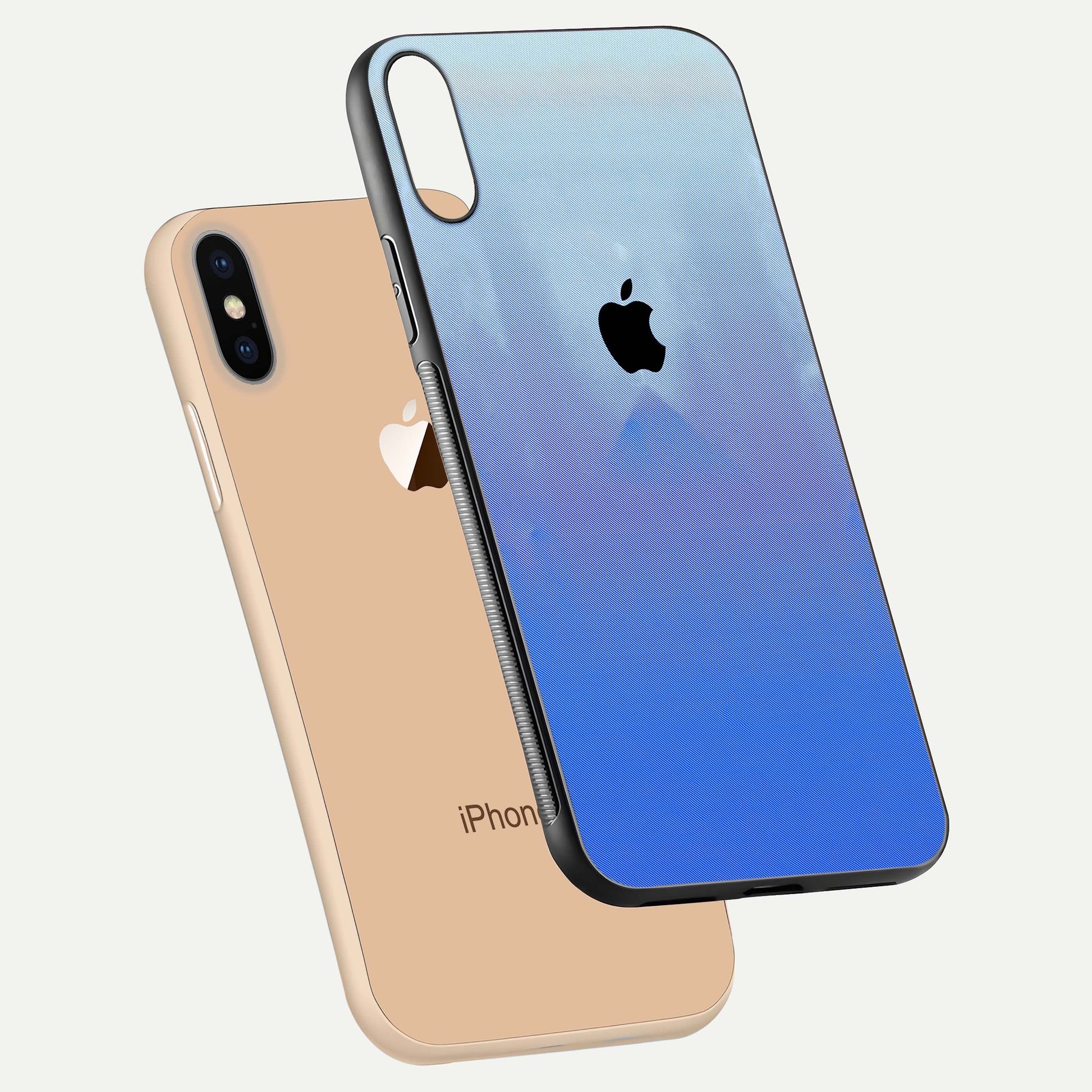 Gradient Apple Vibe Glass Case for iPhone Xs Max floating dual-view mockup showing gloss polish and gradient blend