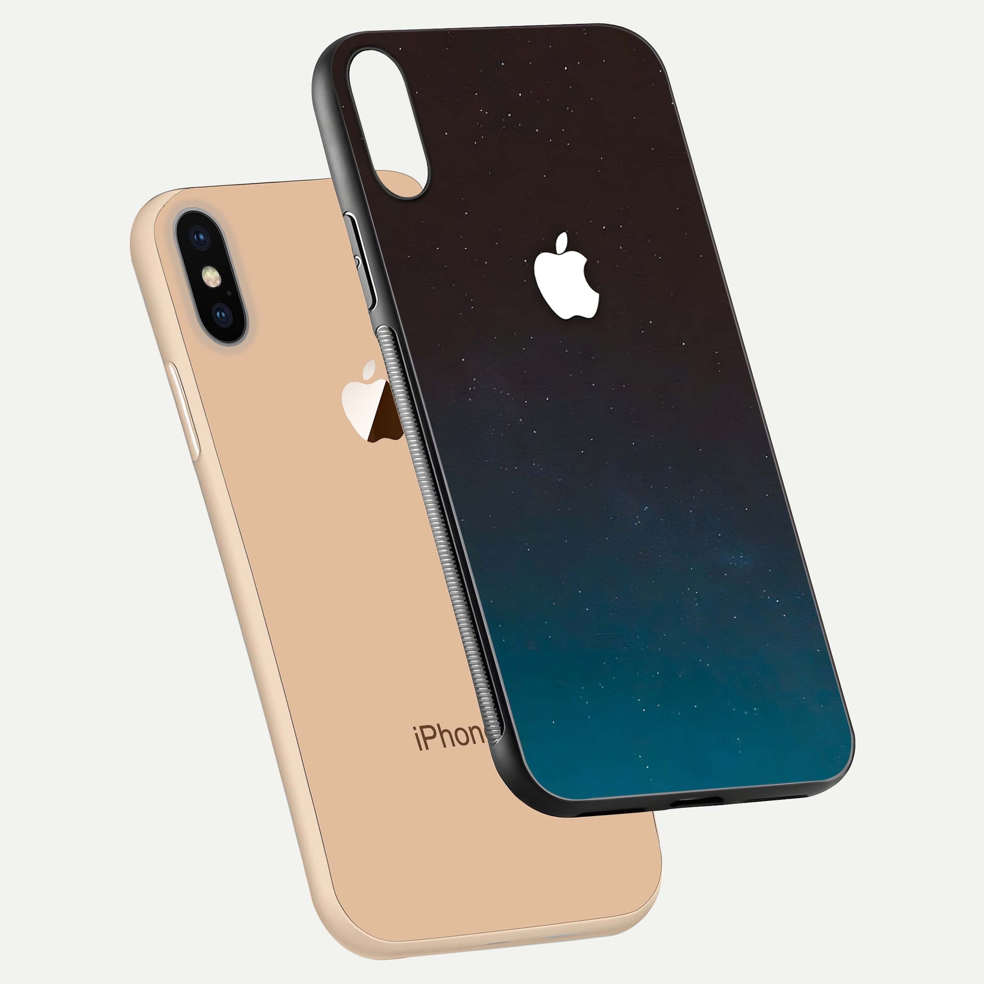 Green Emerald Apple Logo Glass Case for iPhone Xs Max floating dual-view mockup showing glossy shine and premium color tone