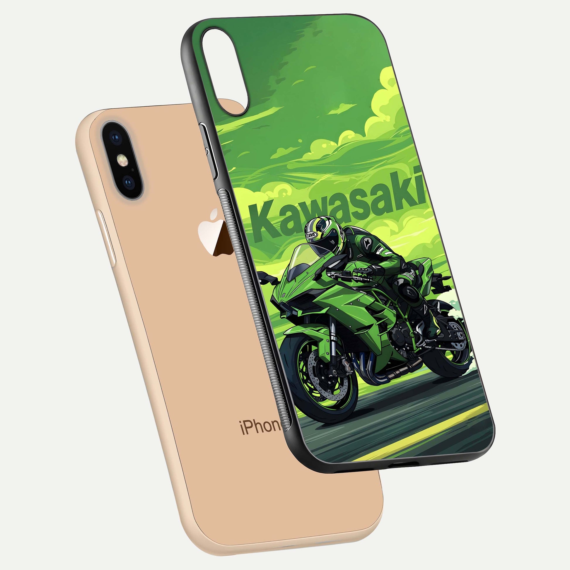 Green Kawasaki Glass Case for iPhone Xs Max floating dual-view mockup showing gloss surface and power-bike theme