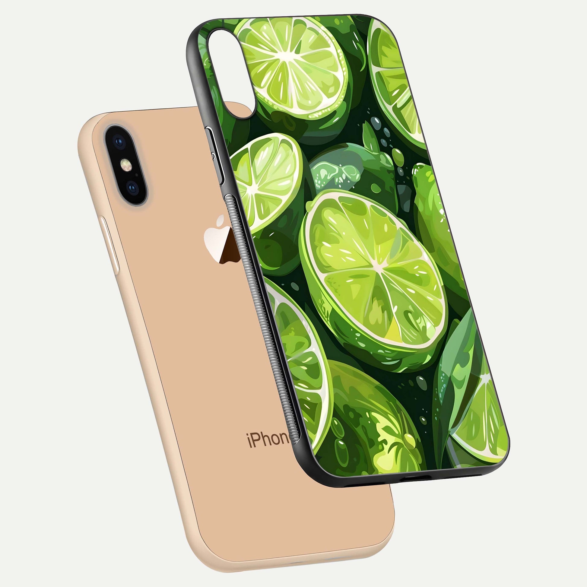 Green Lemon Glass Case for iPhone Xs Max floating dual-view mockup showing glossy surface and fruity freshness