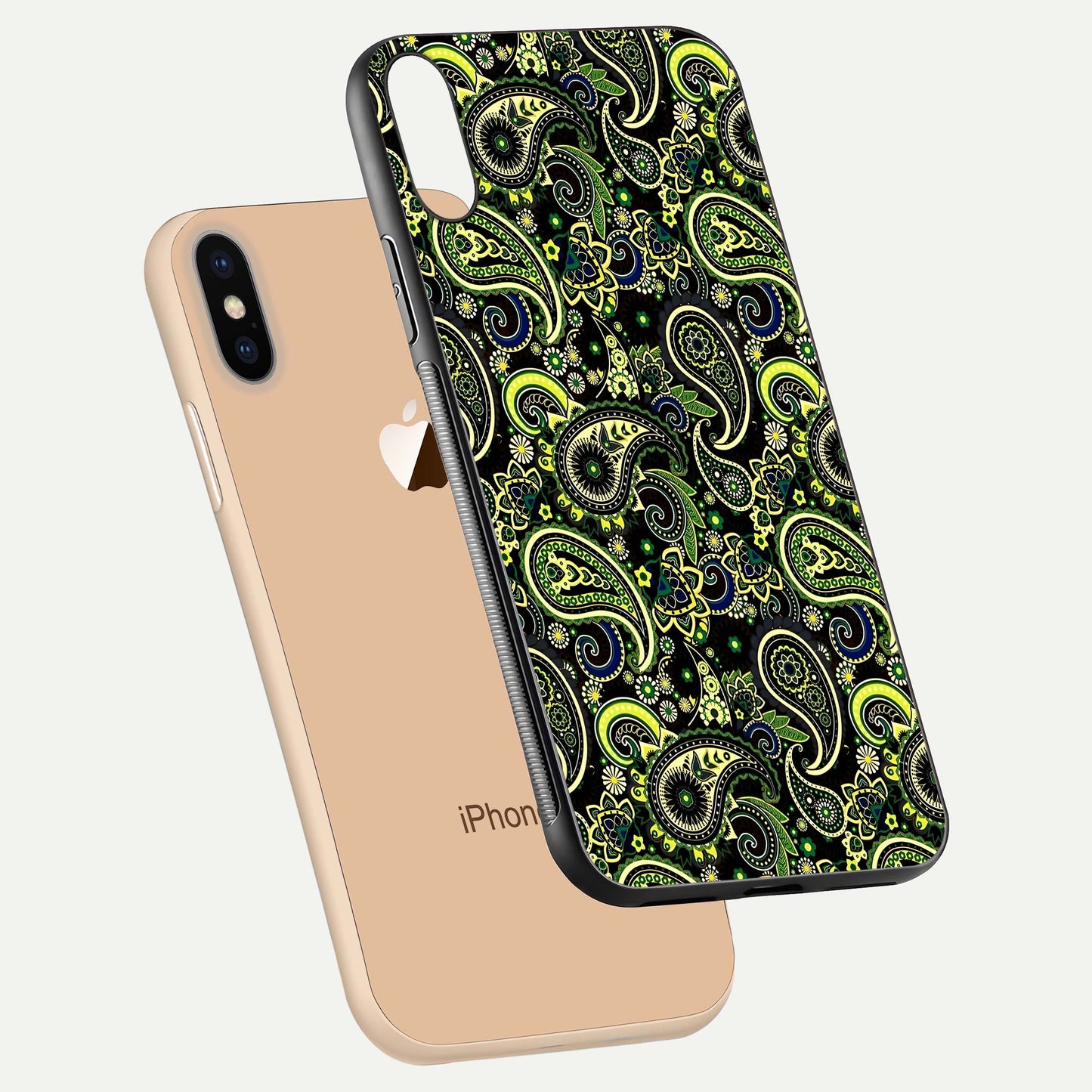 Green Mandala Pattern Glass Case for iPhone Xs Max floating dual-view mockup showing gloss texture and symmetry shine