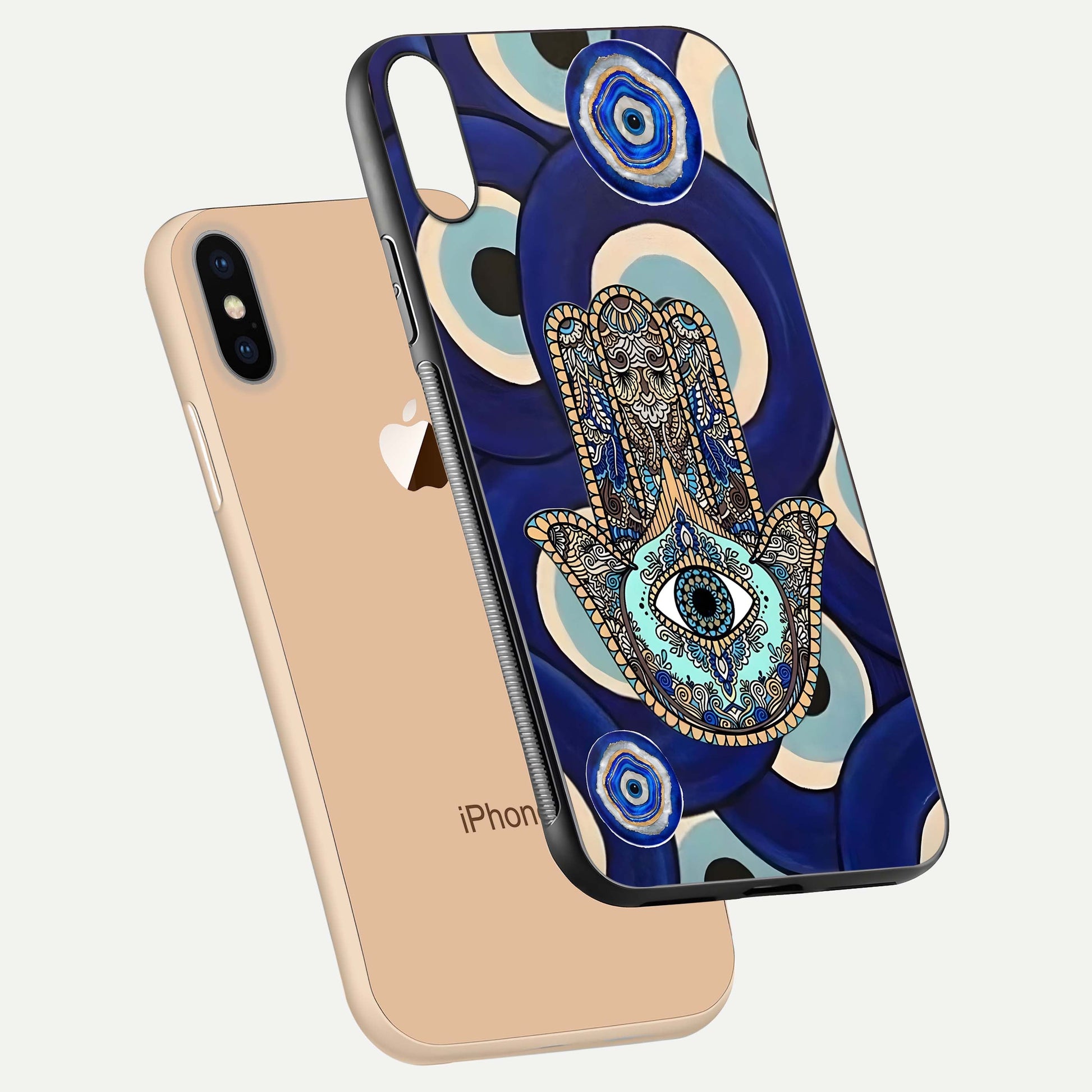 Hamsa Divine Guard Glass Case for iPhone Xs Max floating dual-view mockup showing gloss shine and mystical pattern