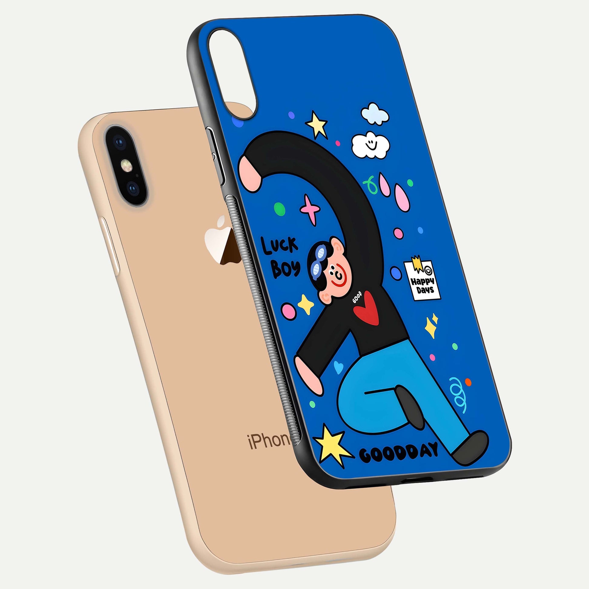 Happy Luck Vibe Glass Case for iPhone Xs Max floating dual-view mockup showing glossy tone and bright finish