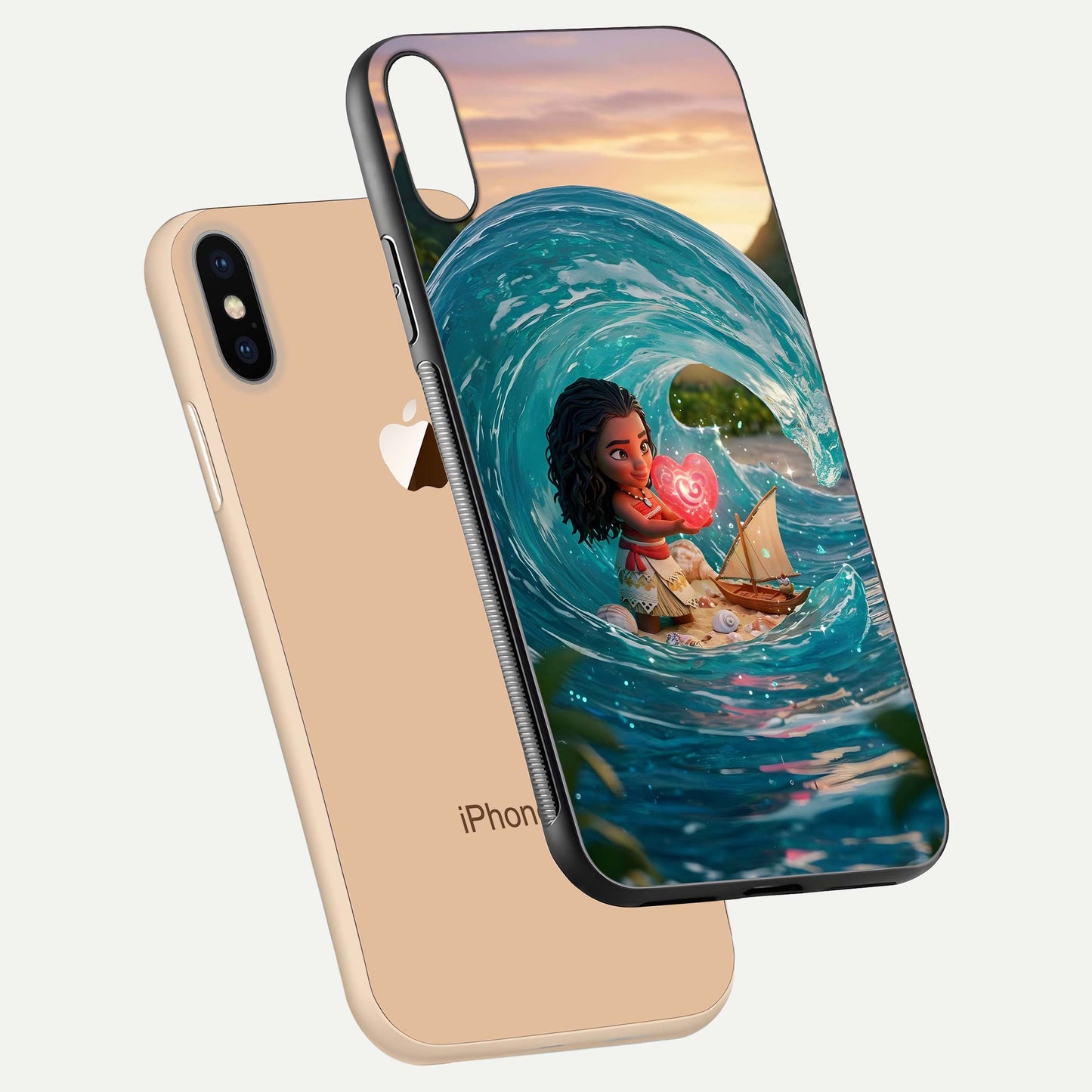 Heart of Ocean Glass Case for iPhone Xs Max floating dual-view mockup showing gloss surface and aquatic design