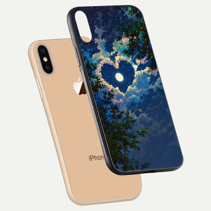 Heart with Moon Sky Glass Case for iPhone Xs Max floating dual-view mockup showing gloss texture and romantic sky glow