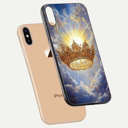 Heavenly Crown Light Glass Case for iPhone Xs Max floating dual-view mockup showing gloss shine and luminous crown texture