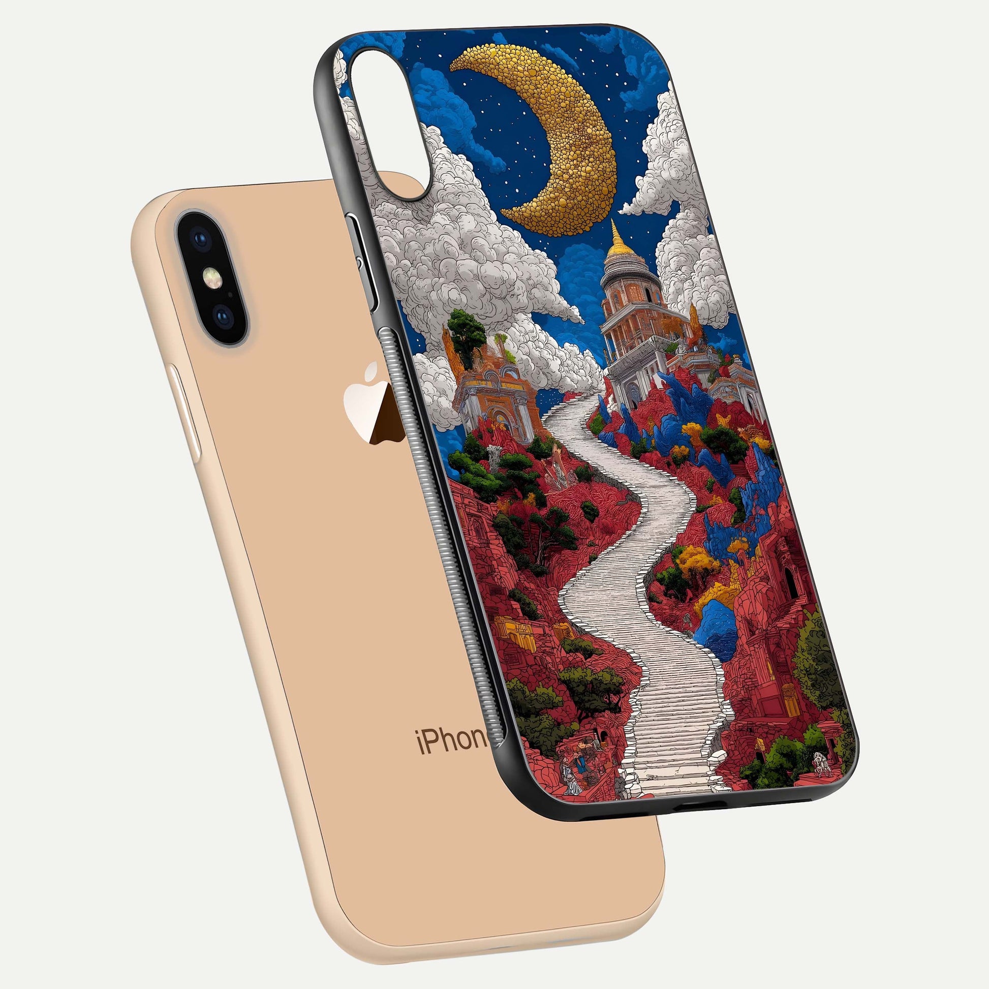 Heavenly Moon Path Glass Case for iPhone Xs Max floating dual-view mockup showing gloss surface and celestial pathway