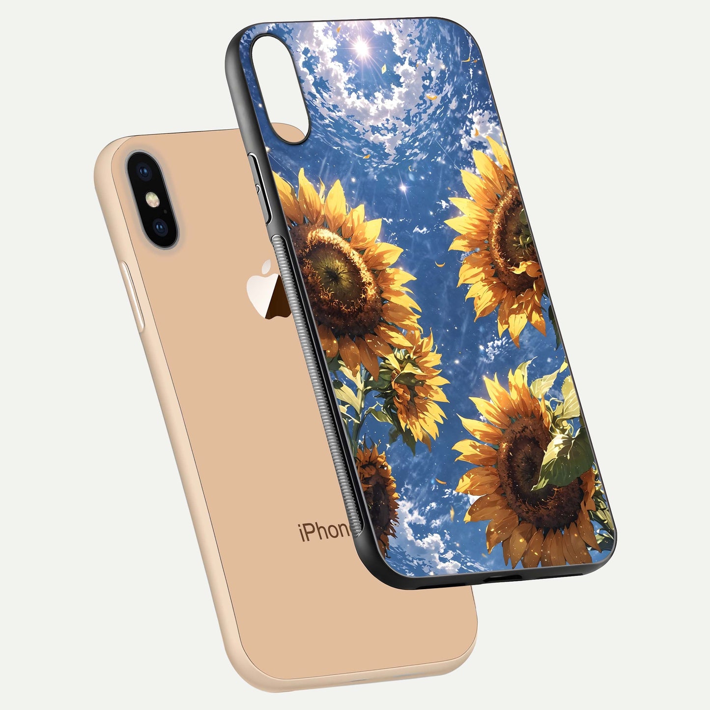 Heavenly Sunflower Rise Glass Case for iPhone Xs Max floating dual-view mockup showing gloss brightness and morning-light feel