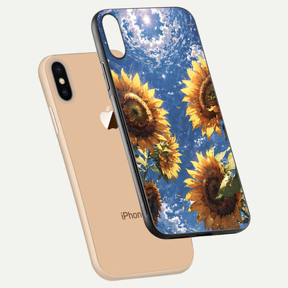 Heavenly Sunflower Rise Glass Case for iPhone Xs Max floating dual-view mockup showing gloss brightness and morning-light feel
